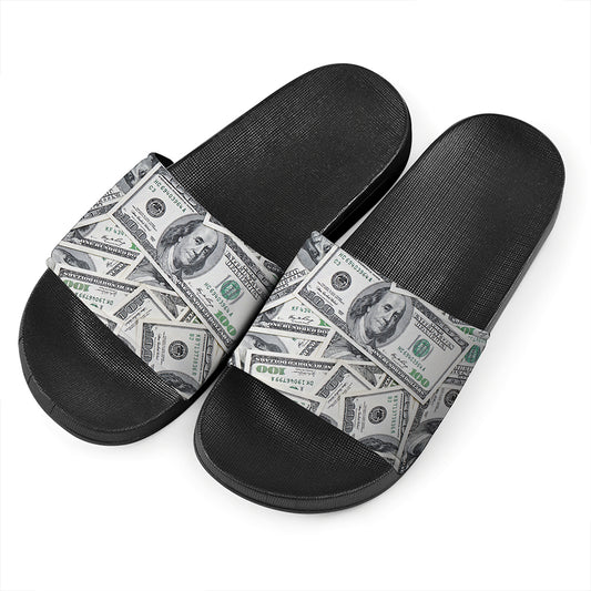 US Dollar Pattern Print Black Slide Sandals