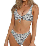 US Dollar Pattern Print Front Bow Tie Bikini