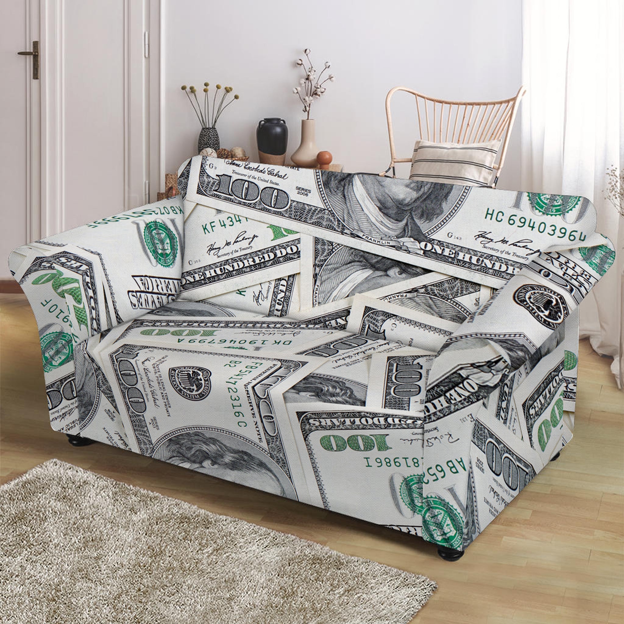 US Dollar Pattern Print Loveseat Slipcover