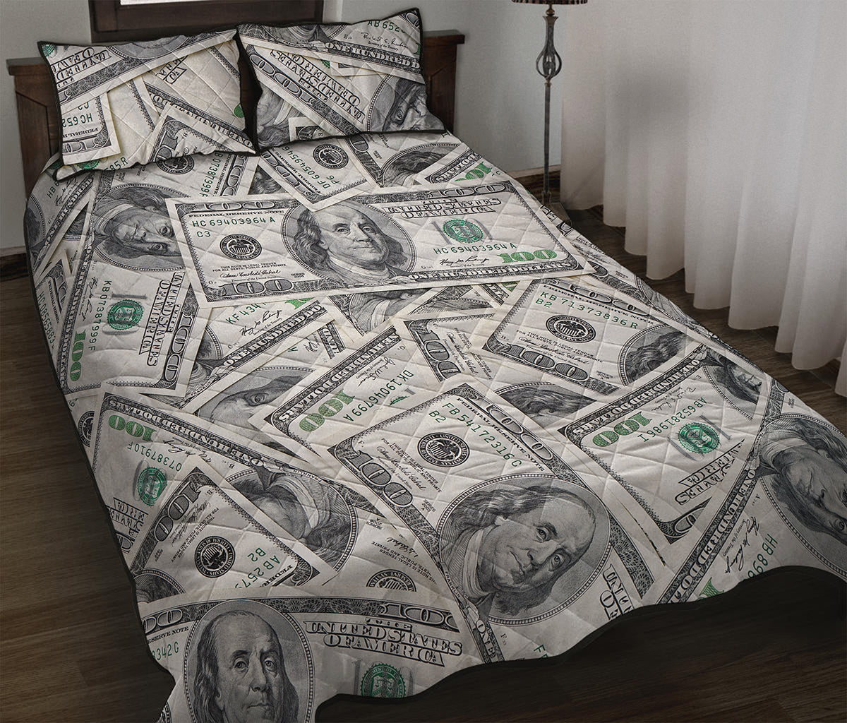 US Dollar Pattern Print Quilt Bed Set