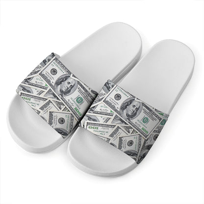 US Dollar Pattern Print White Slide Sandals