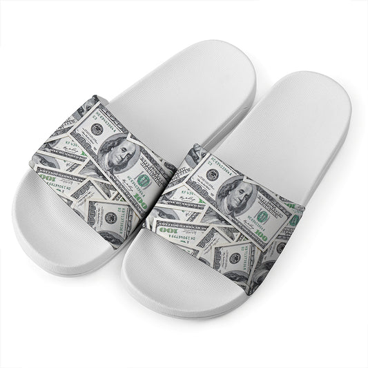 US Dollar Pattern Print White Slide Sandals