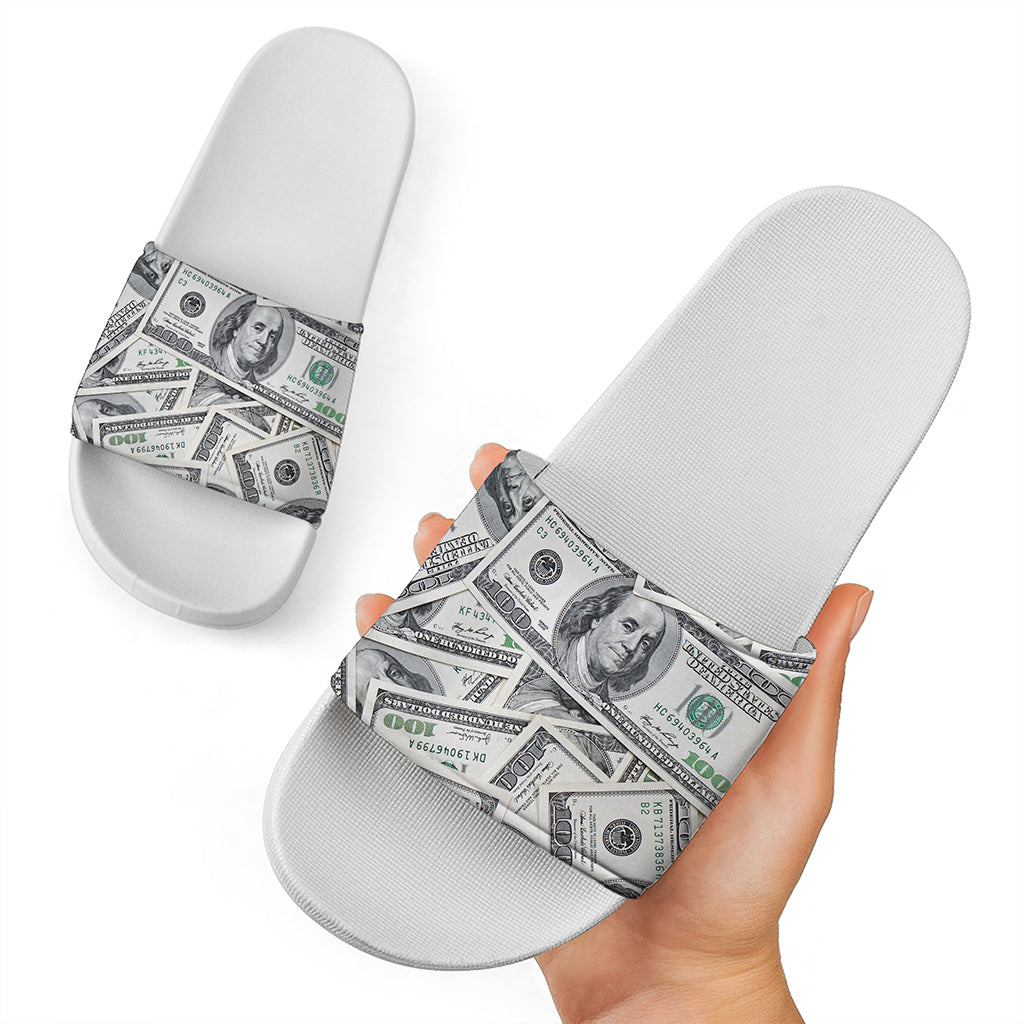 US Dollar Pattern Print White Slide Sandals