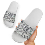 US Dollar Pattern Print White Slide Sandals