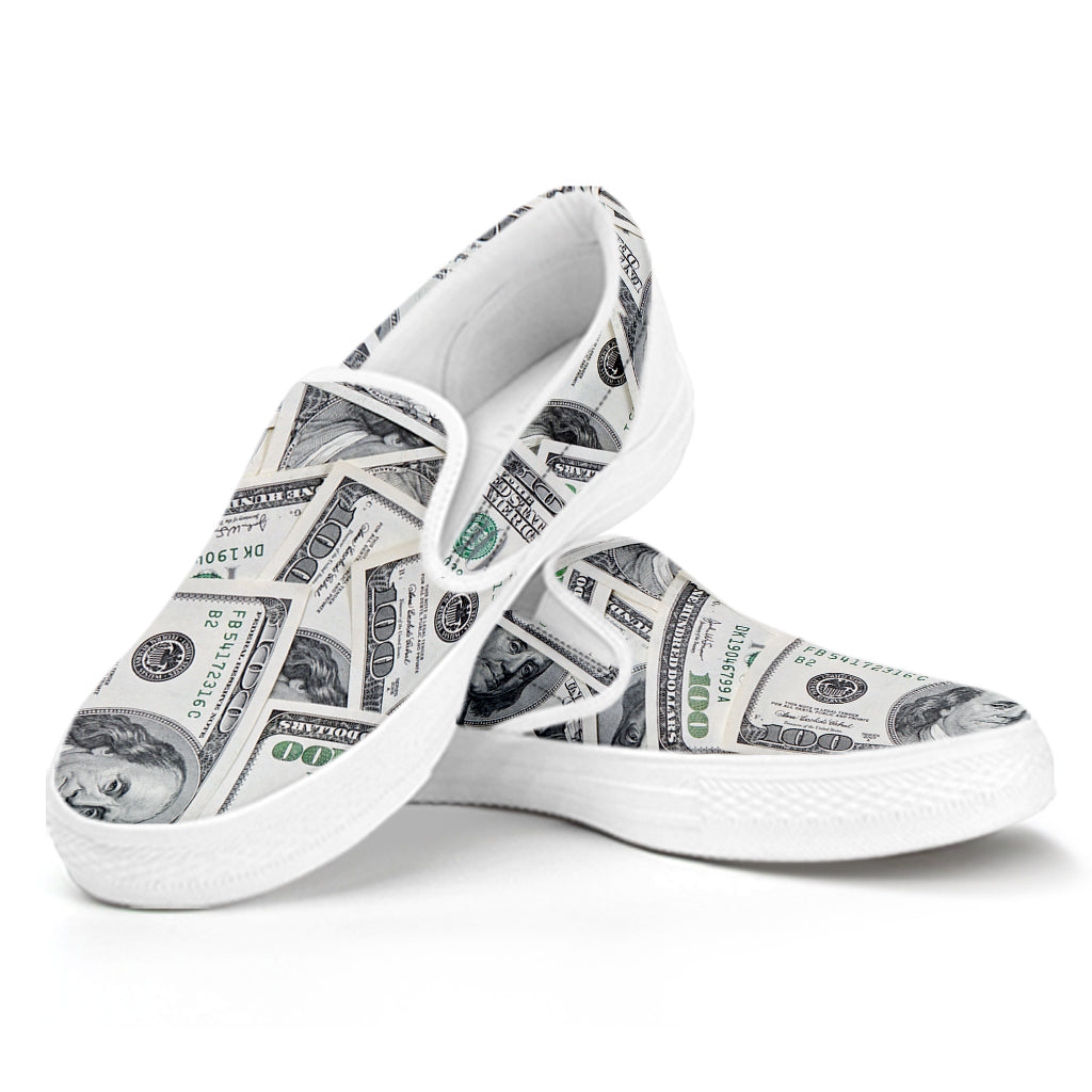 US Dollar Pattern Print White Slip On Shoes