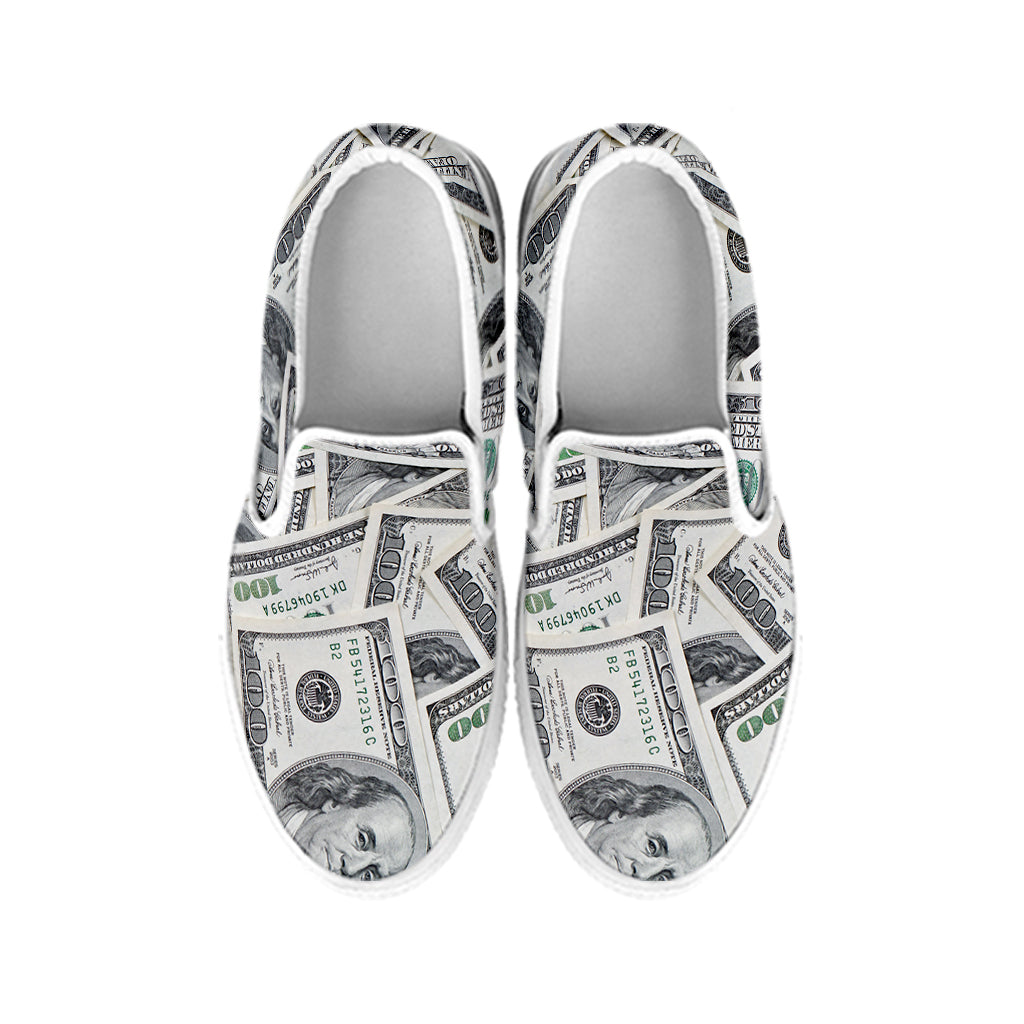 US Dollar Pattern Print White Slip On Shoes