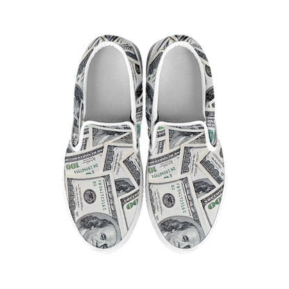 US Dollar Pattern Print White Slip On Shoes