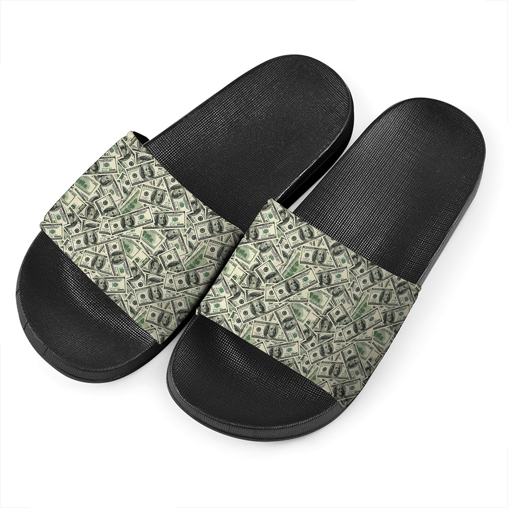 US Dollar Print Black Slide Sandals