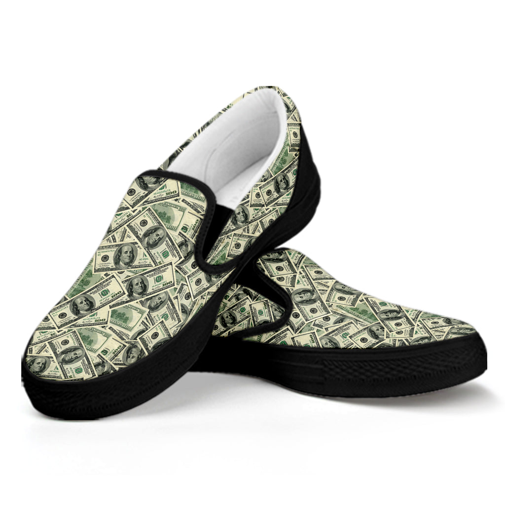 US Dollar Print Black Slip On Shoes