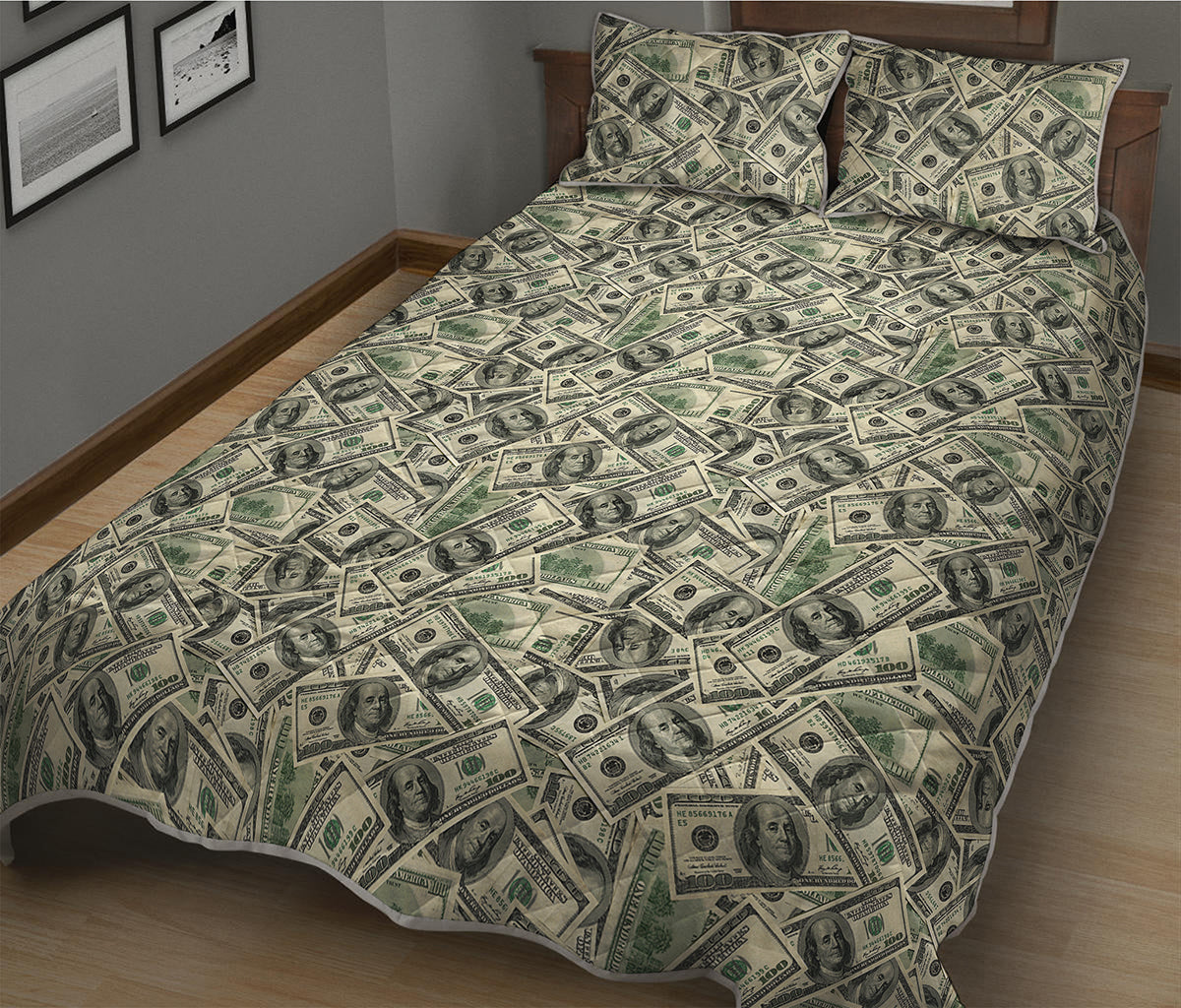 US Dollar Print Quilt Bed Set