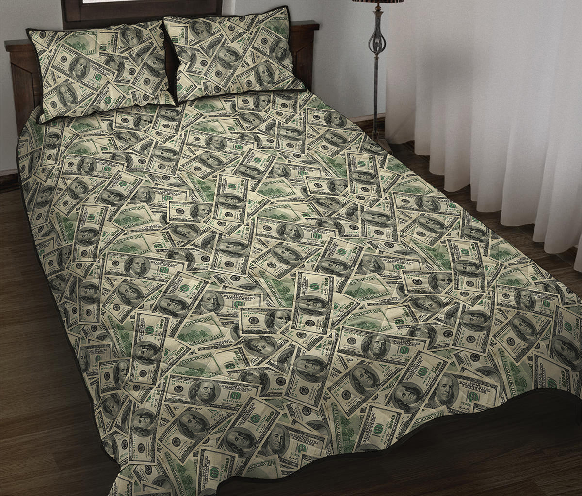 US Dollar Print Quilt Bed Set