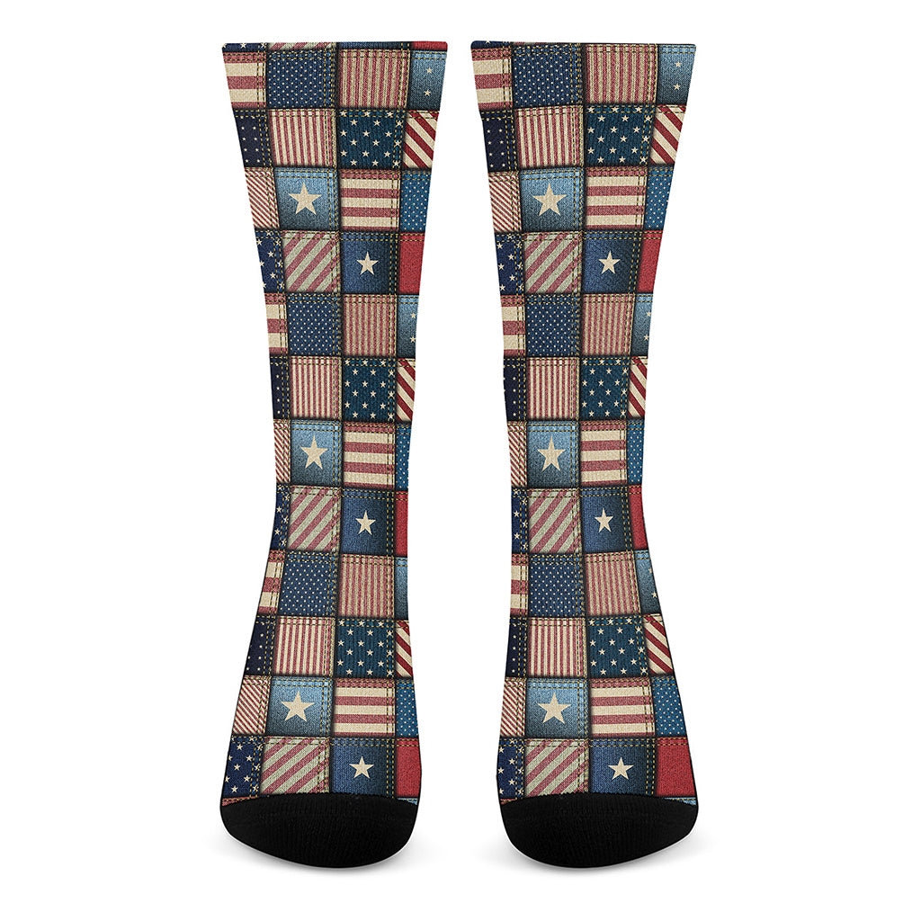 USA Denim Patchwork Pattern Print Crew Socks
