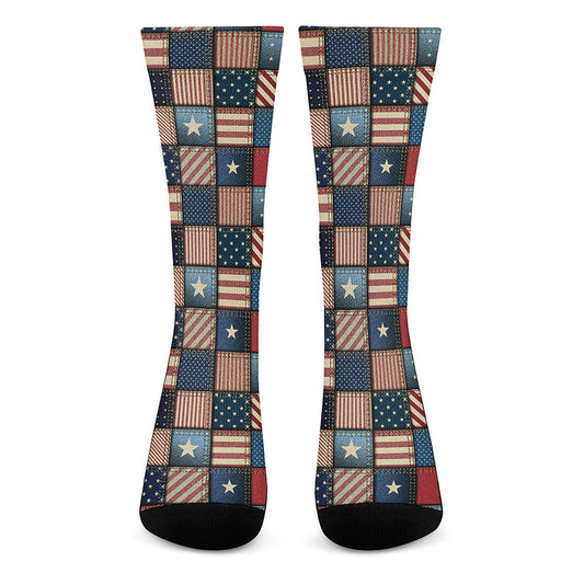 USA Denim Patchwork Pattern Print Crew Socks