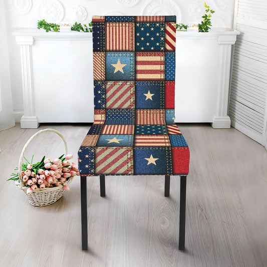 USA Denim Patchwork Pattern Print Dining Chair Slipcover