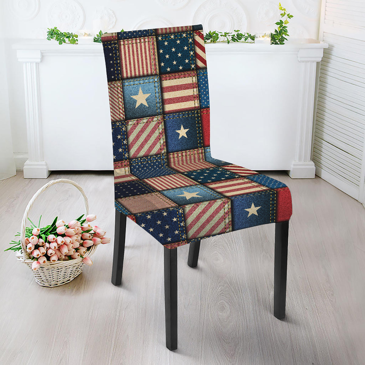 USA Denim Patchwork Pattern Print Dining Chair Slipcover