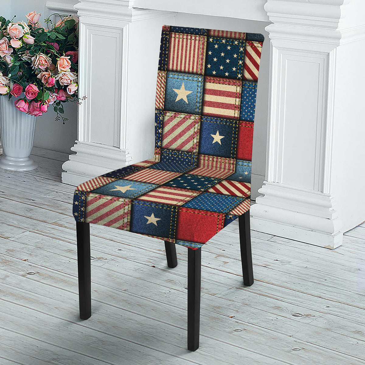USA Denim Patchwork Pattern Print Dining Chair Slipcover