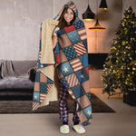 USA Denim Patchwork Pattern Print Hooded Blanket