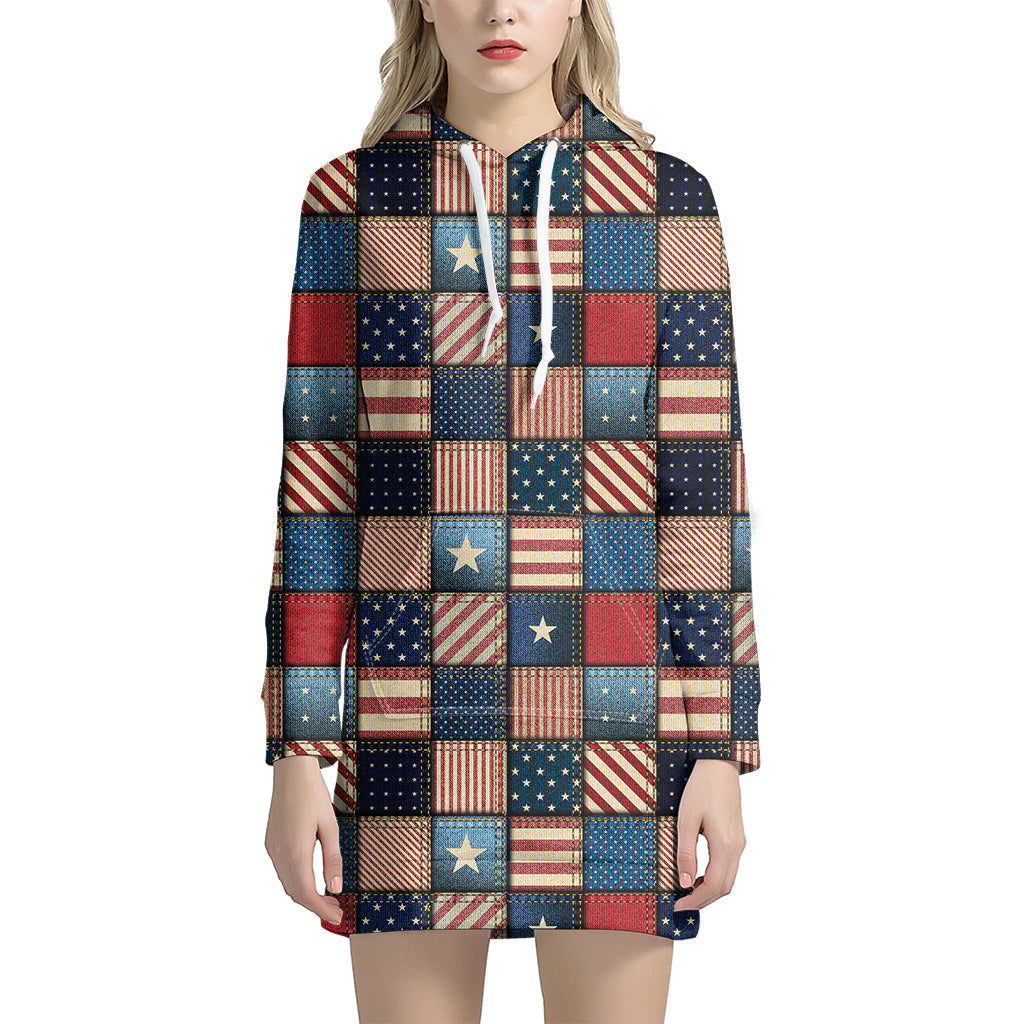 USA Denim Patchwork Pattern Print Hoodie Dress