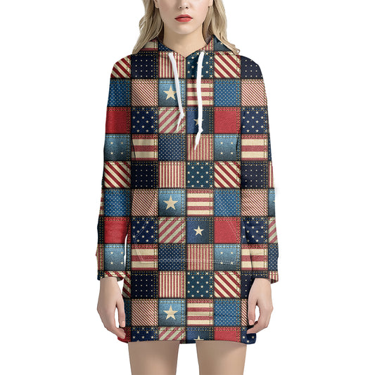 USA Denim Patchwork Pattern Print Hoodie Dress