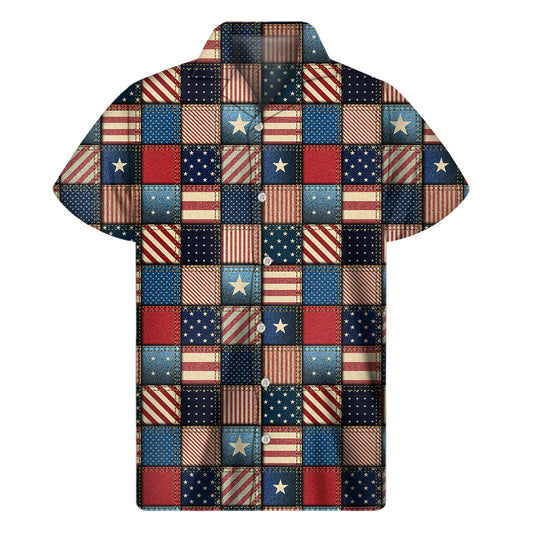 USA Denim Patchwork Pattern Print Men's Short Sleeve Shirt