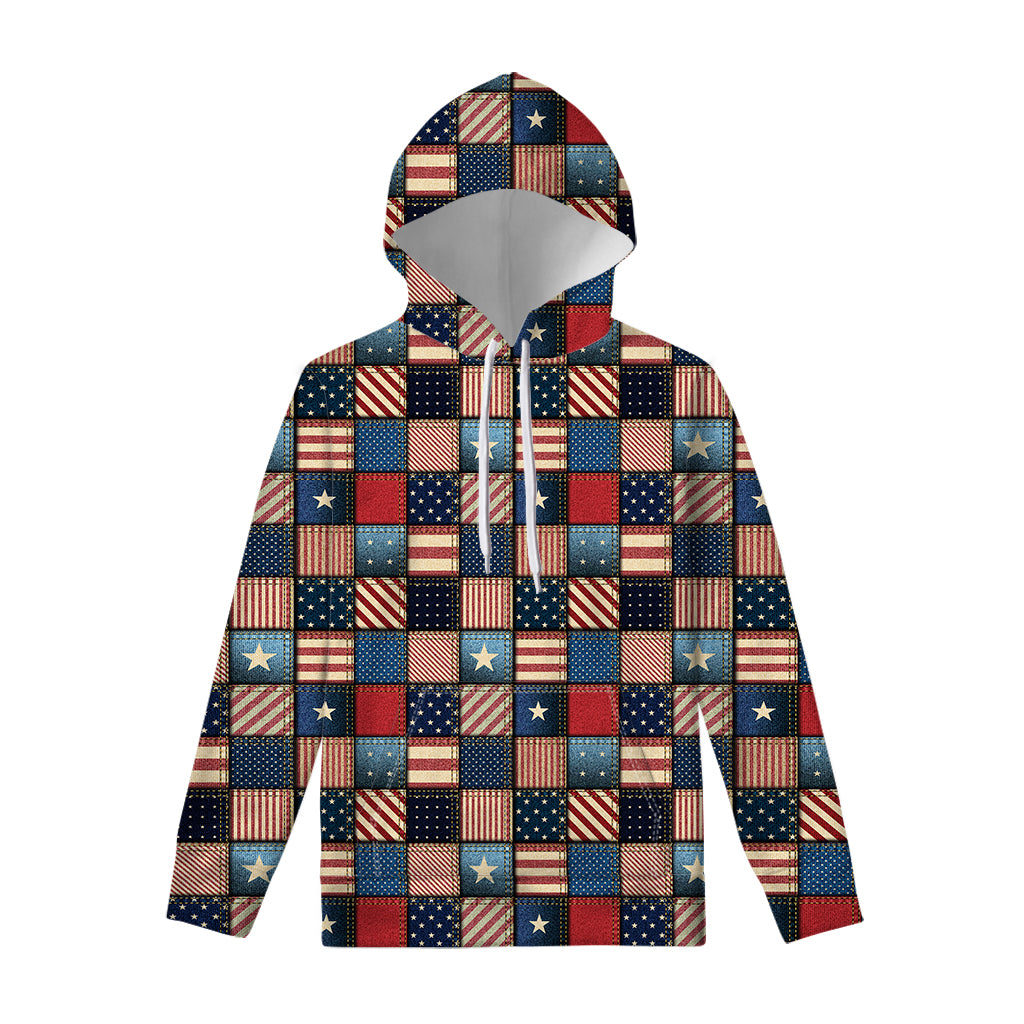 USA Denim Patchwork Pattern Print Pullover Hoodie