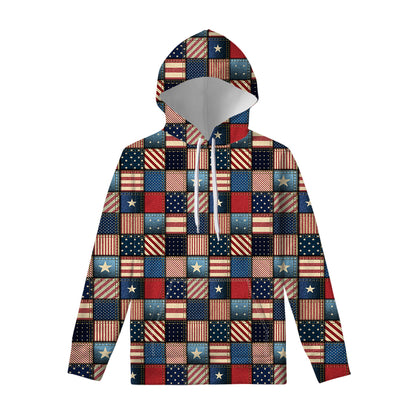 USA Denim Patchwork Pattern Print Pullover Hoodie