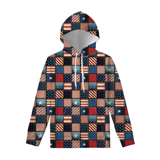 USA Denim Patchwork Pattern Print Pullover Hoodie