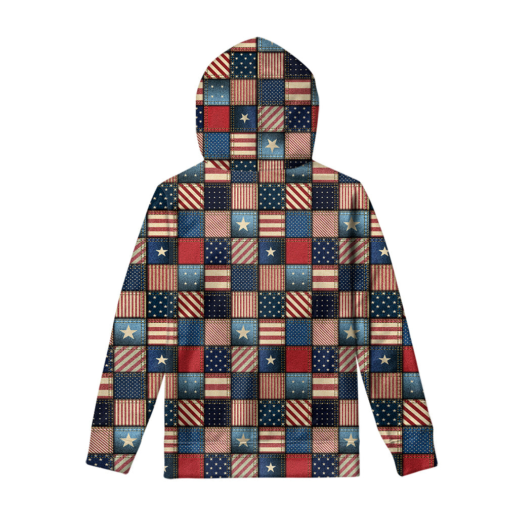 USA Denim Patchwork Pattern Print Pullover Hoodie