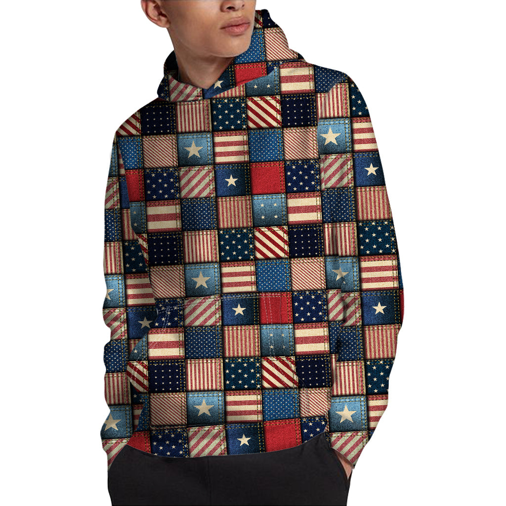 USA Denim Patchwork Pattern Print Pullover Hoodie