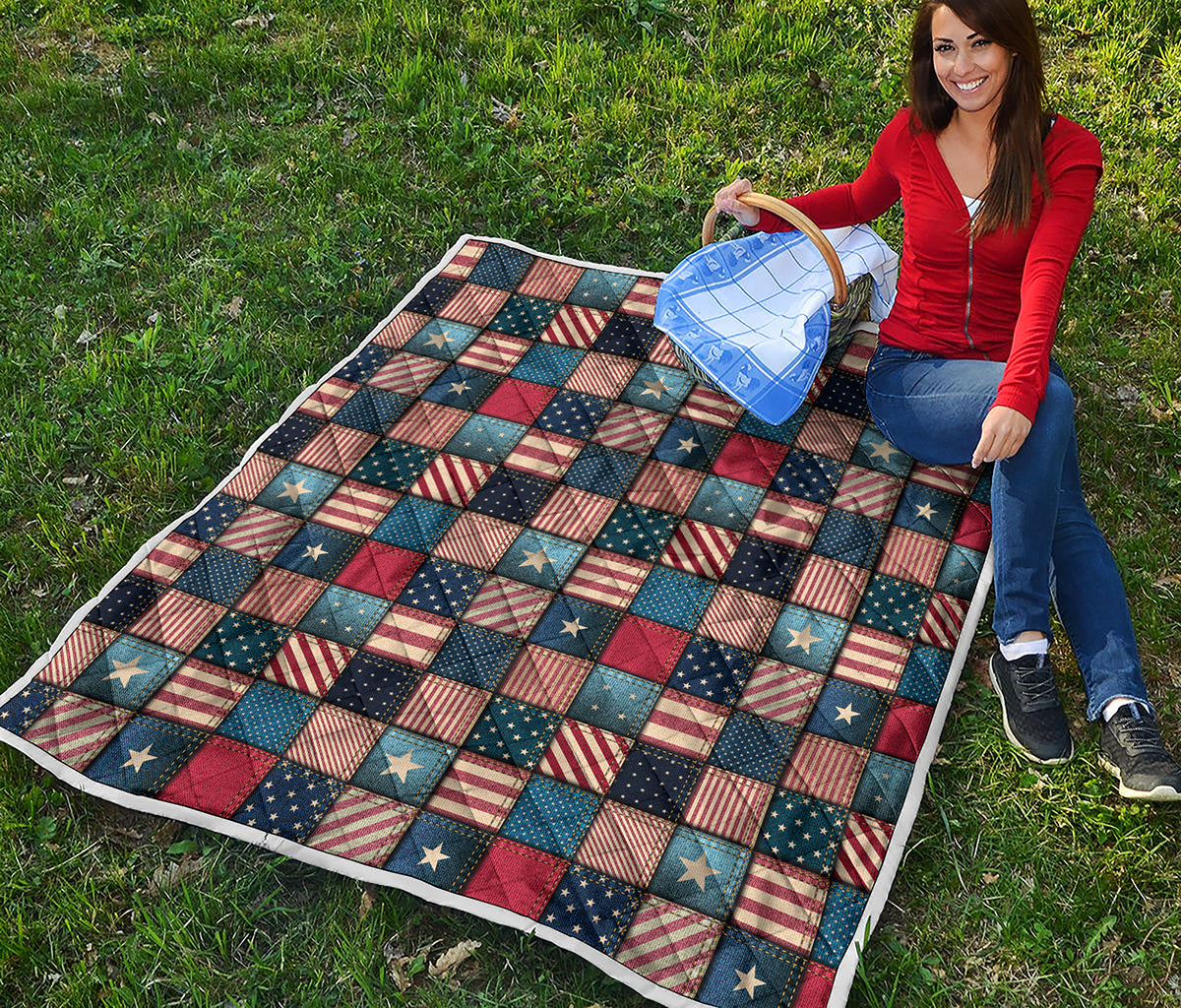 USA Denim Patchwork Pattern Print Quilt
