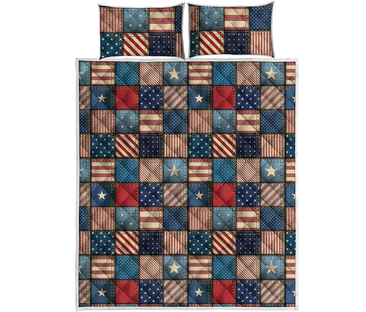 USA Denim Patchwork Pattern Print Quilt Bed Set