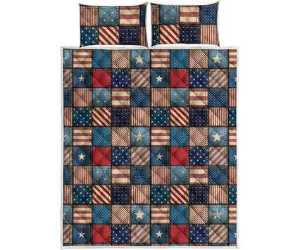 USA Denim Patchwork Pattern Print Quilt Bed Set
