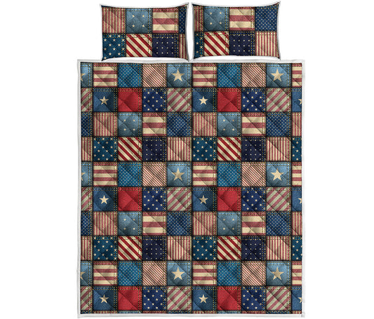 USA Denim Patchwork Pattern Print Quilt Bed Set