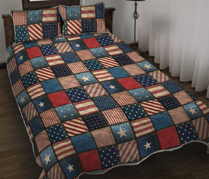 USA Denim Patchwork Pattern Print Quilt Bed Set