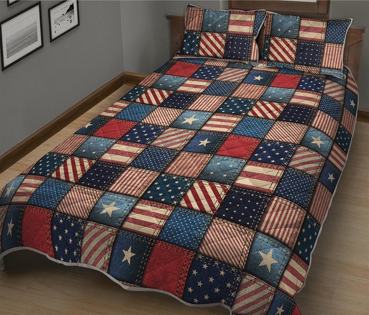 USA Denim Patchwork Pattern Print Quilt Bed Set