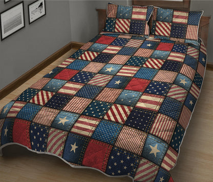 USA Denim Patchwork Pattern Print Quilt Bed Set