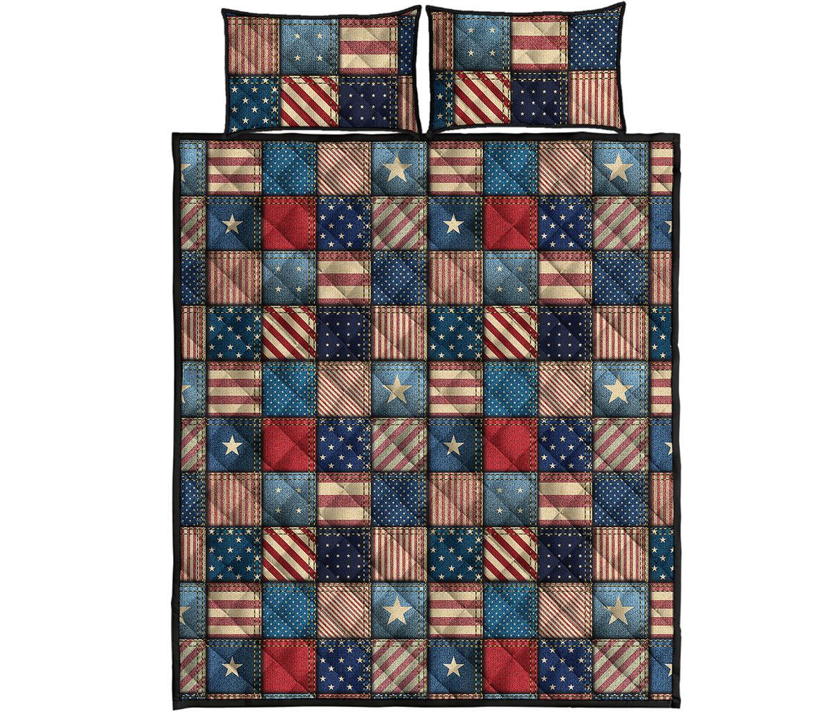 USA Denim Patchwork Pattern Print Quilt Bed Set