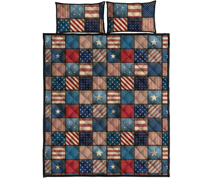 USA Denim Patchwork Pattern Print Quilt Bed Set
