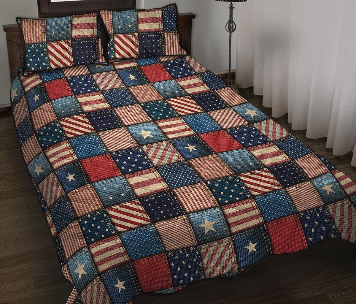 USA Denim Patchwork Pattern Print Quilt Bed Set