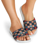 USA Denim Patchwork Pattern Print White Slide Sandals