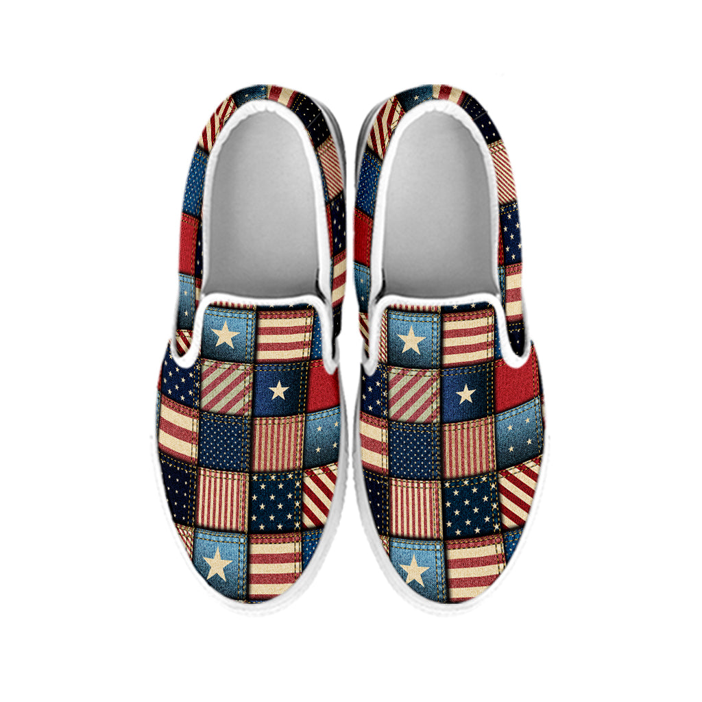 USA Denim Patchwork Pattern Print White Slip On Shoes