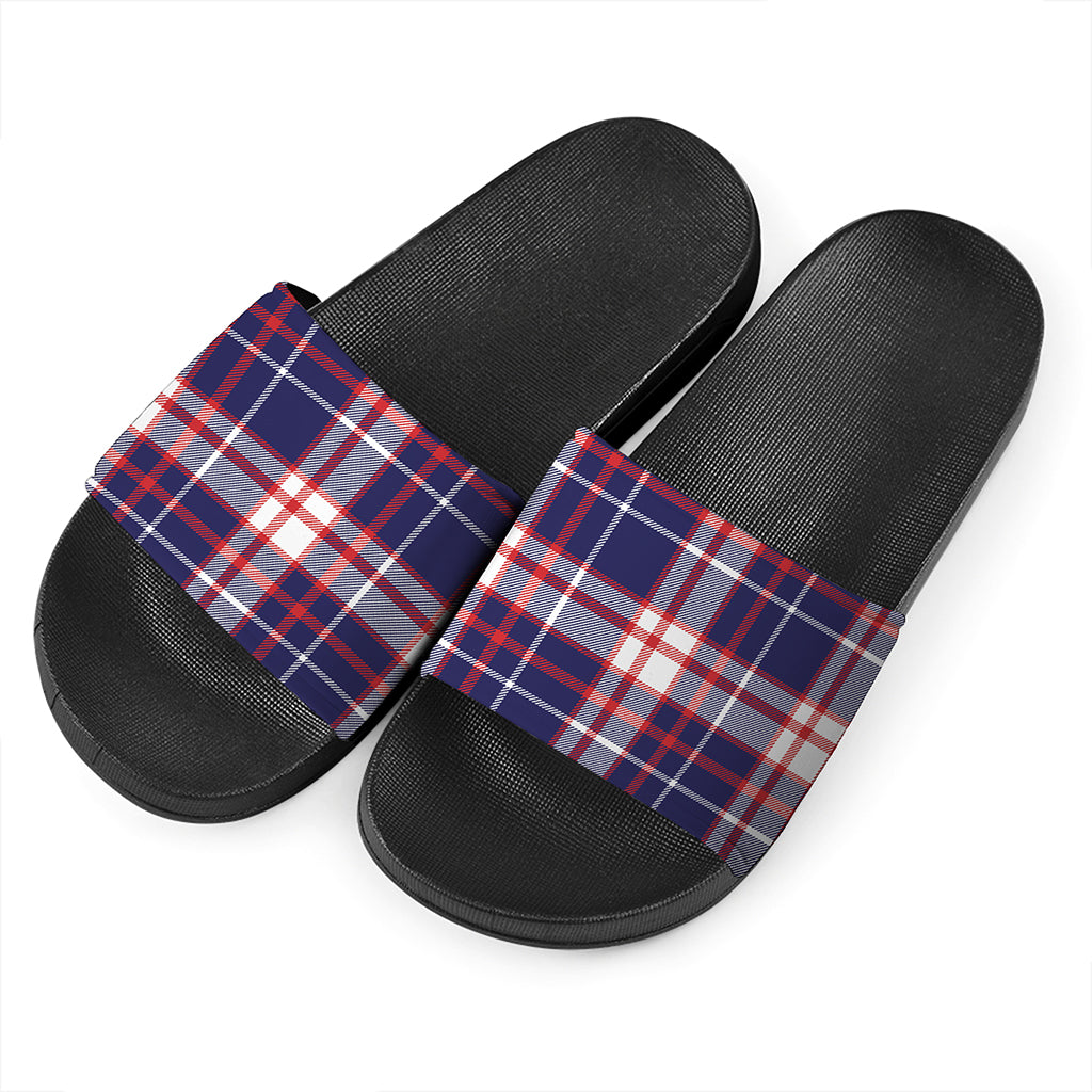 USA Patriotic Plaid Print Black Slide Sandals
