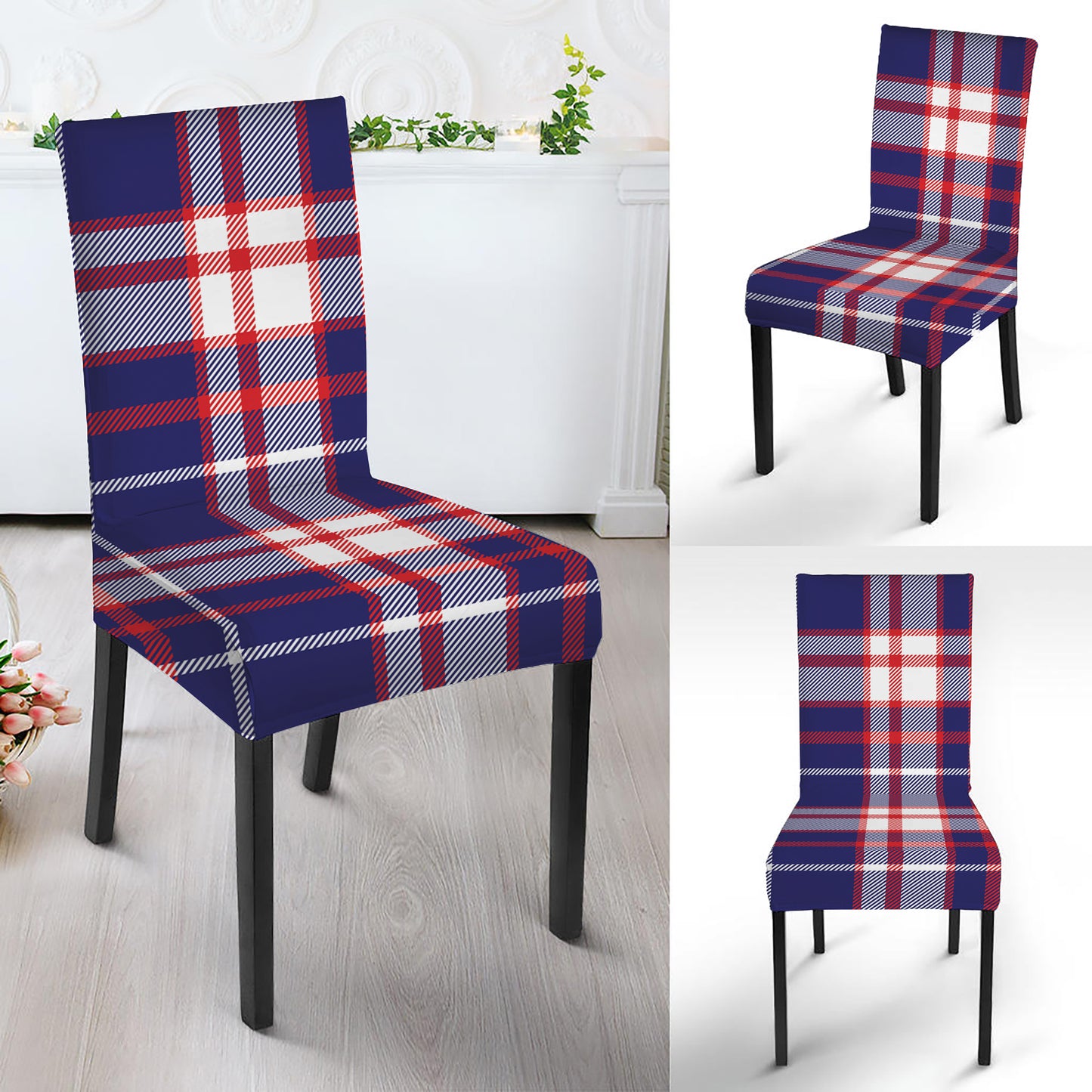 USA Patriotic Plaid Print Dining Chair Slipcover