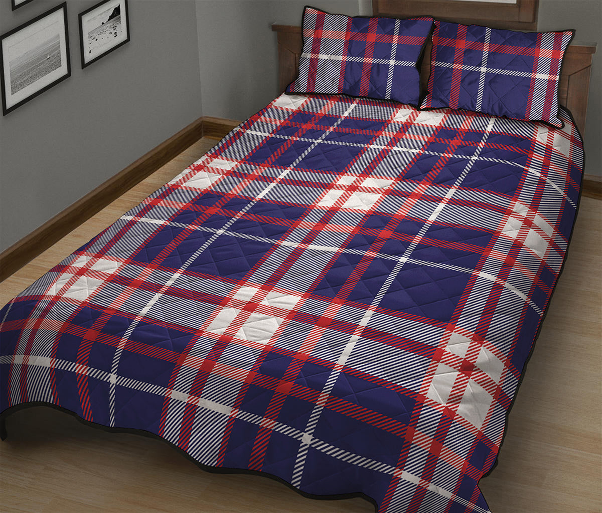 USA Patriotic Plaid Print Quilt Bed Set