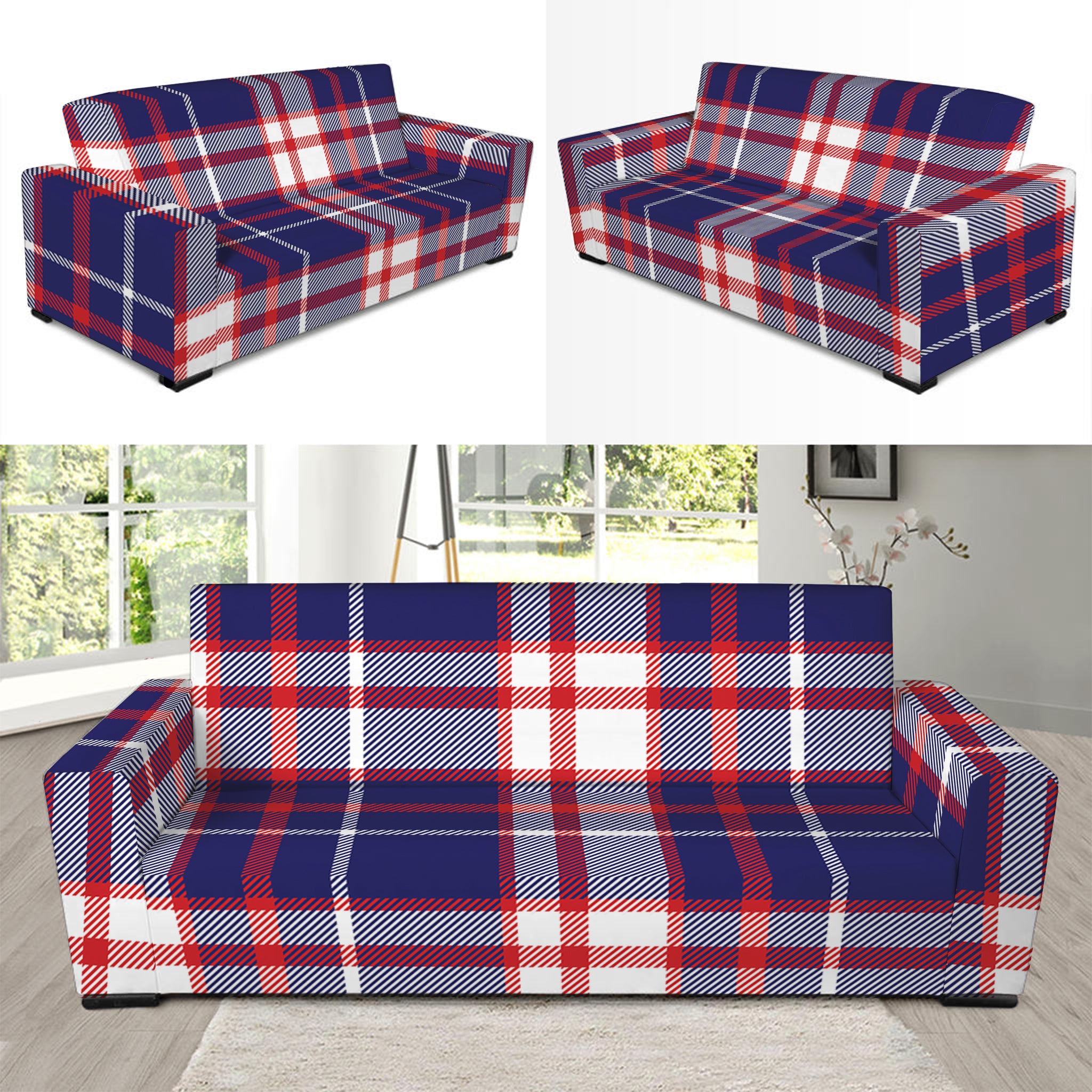 USA Patriotic Plaid Print Sofa Slipcover