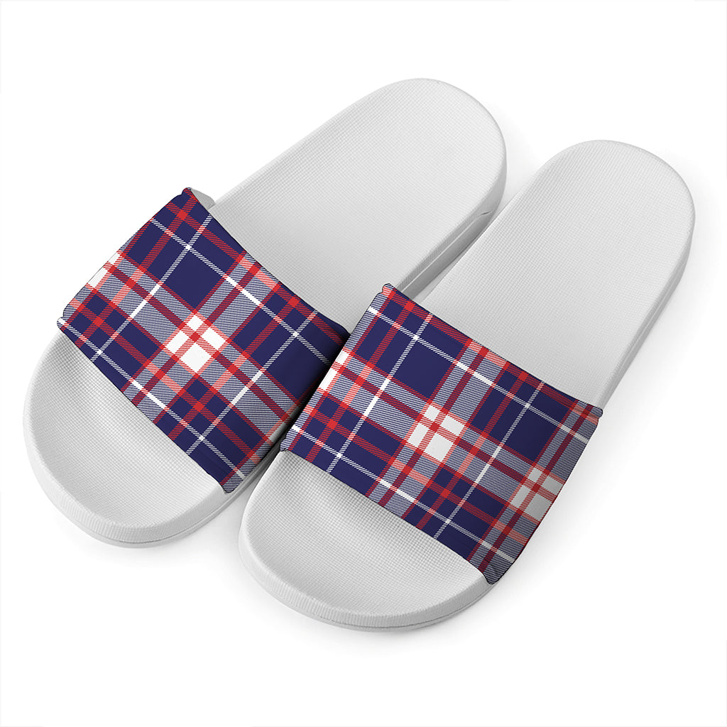 USA Patriotic Plaid Print White Slide Sandals