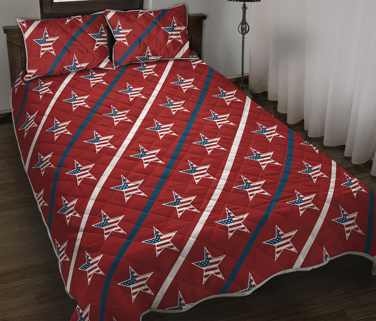 USA Patriotic Star Pattern Print Quilt Bed Set