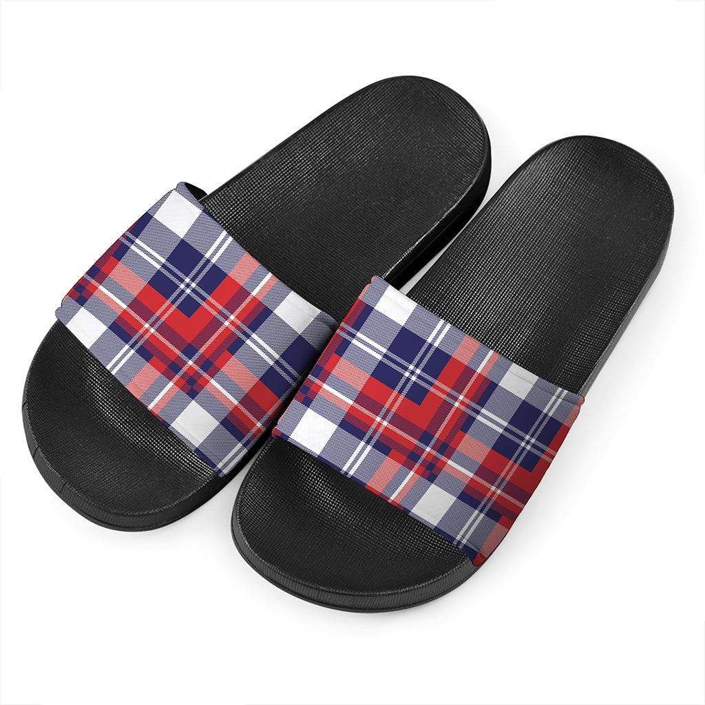 USA Plaid Pattern Print Black Slide Sandals