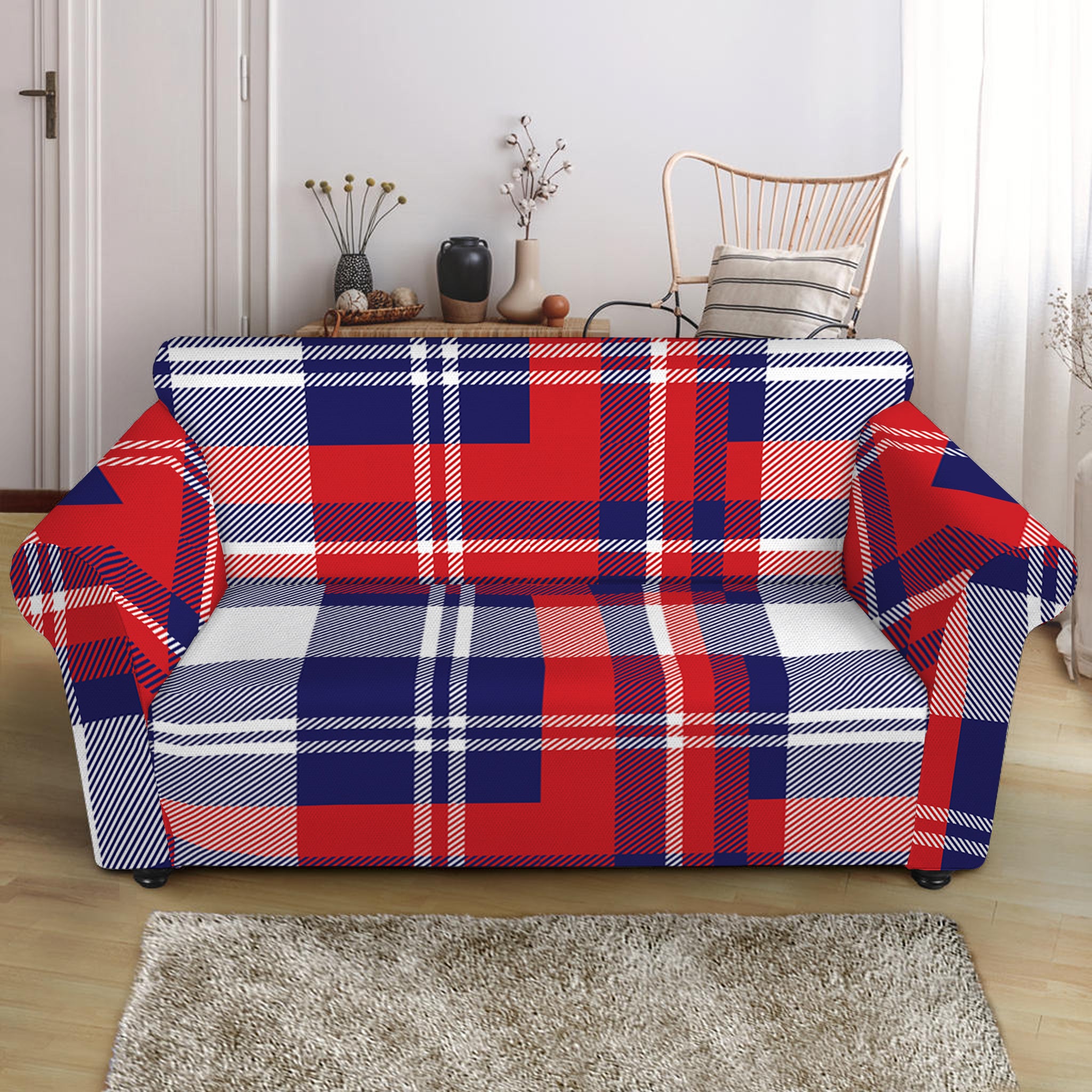 USA Plaid Pattern Print Loveseat Slipcover