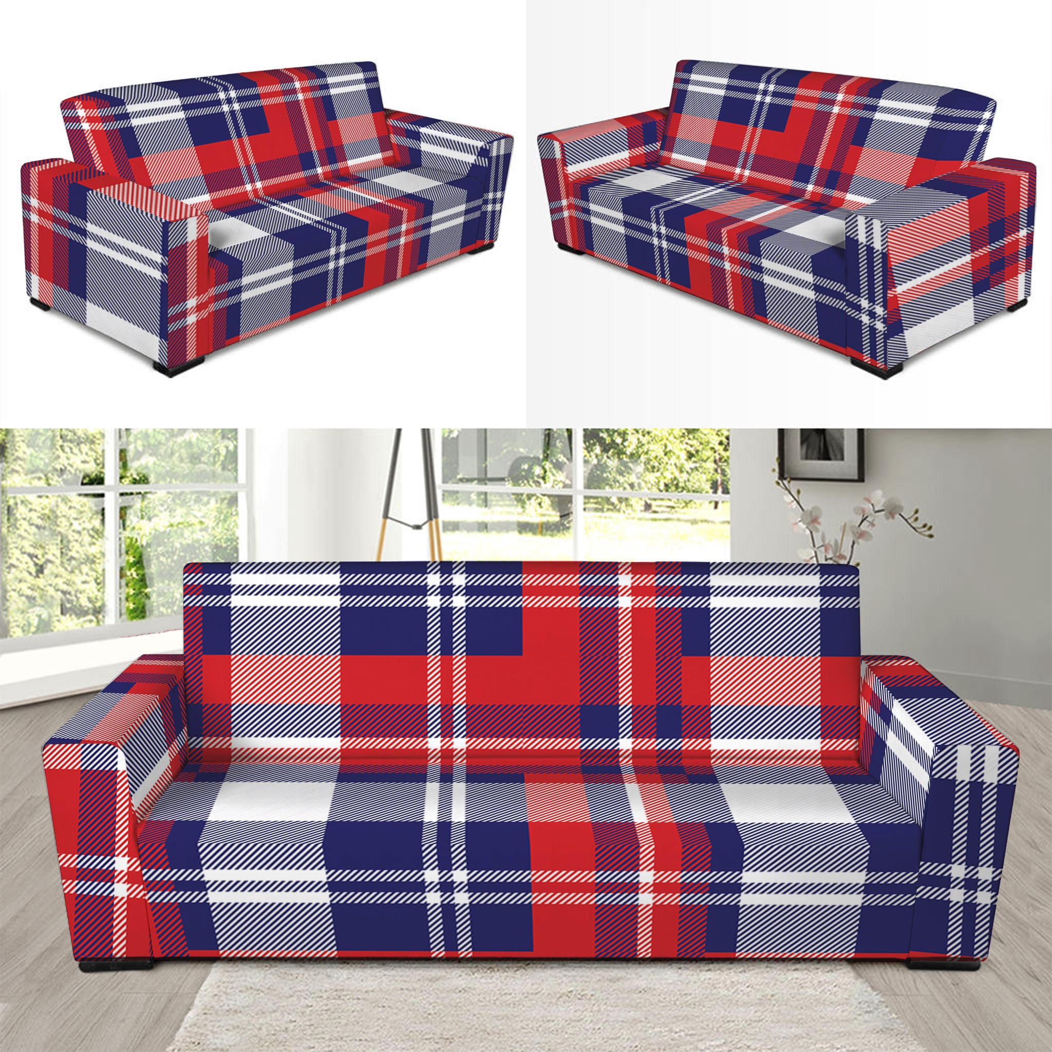 USA Plaid Pattern Print Sofa Slipcover